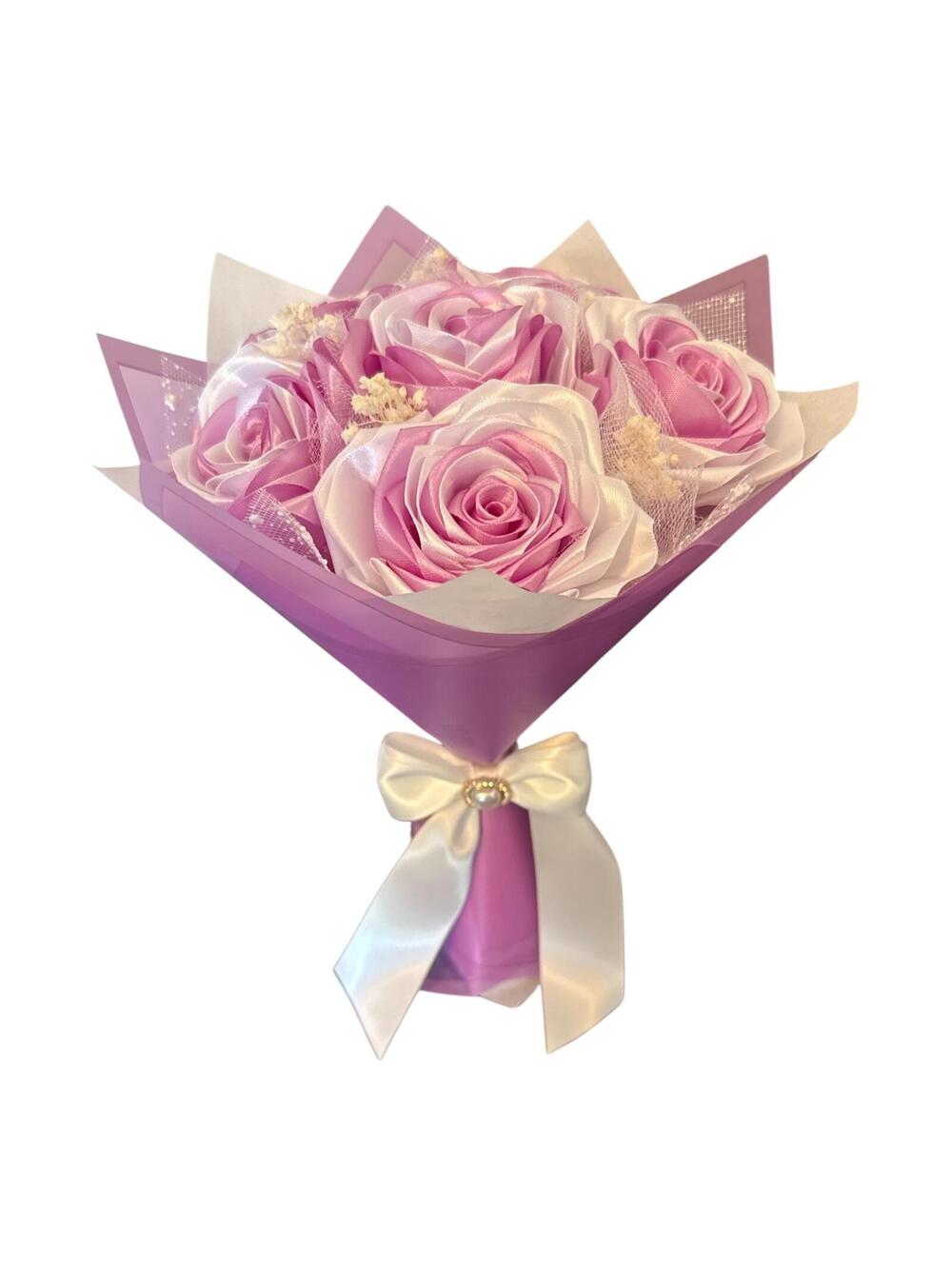 Handmade Pink and White Satin Rose Bouquet with Lavender Wrap and Satin Bow